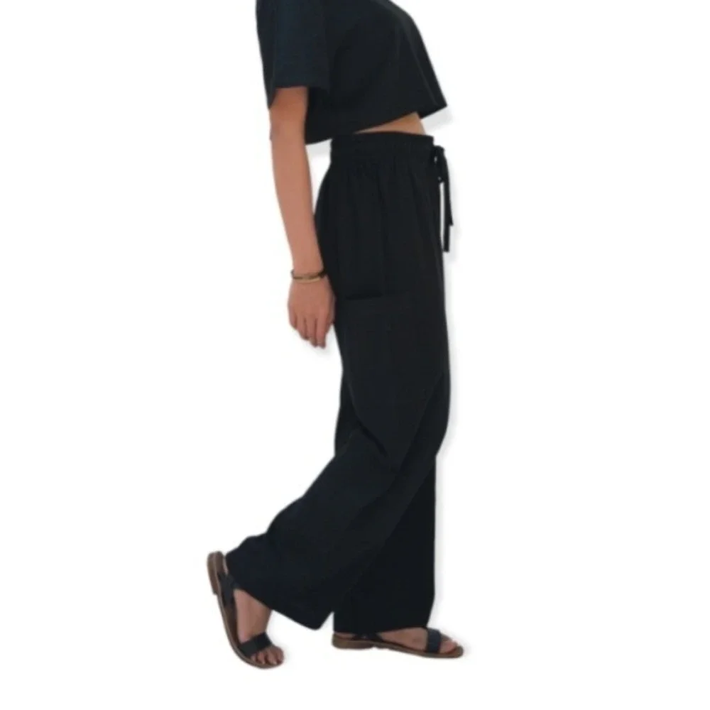 Morijana Jackie Black Linen Blend Wide Leg Cargo Pants Lagenlook Coastal S - Picture 2 of 11